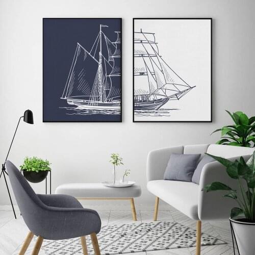 Retro Lines Sailing Poster Nautical Boat Canvas Painting Minimalism Wall Art Ship Print for Navy Living Room Picture Home Decor