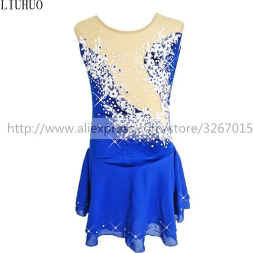Figure Skating Dress Child Womens Girls' Ice Skating Dress Kids Competition Blue sleeveless Round neck white flowers