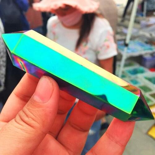 1pcs Rare and beautiful blue + purple flame halo quartz carved double pointed column crystal clusters