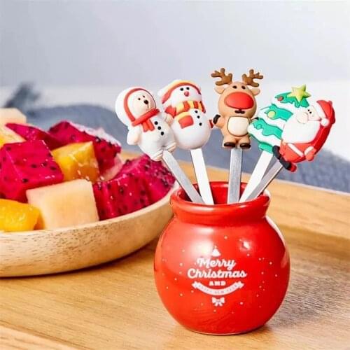5Pcs/Set Christmas Fruit Fork Stainless Cartoon Santa Claus Salad Stick Dessert For Party Decoration Accessories Vegetable Forks