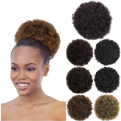 Kong&Li Short Afro Puff Synthetic Hair Bun Chignon Hairpiece For Women Drawstring Ponytail Kinky Curly Updo Clip Hair Extensions