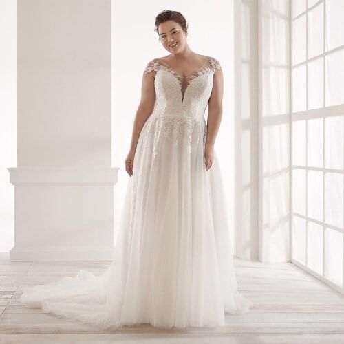 A Line Bride Wedding Dress Sexy V Neck Cap Sleeve Appliques A Line Sweep Train Tulle Robe De Mariee Bridal Dresses Plus Size