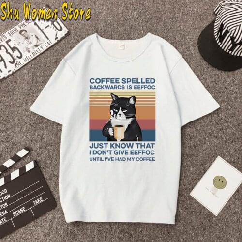 Coffee Spelled Backwards Is Eeffoc Cat Printed T-shirts Women 2021 Graphic Tee Funny Woman Tshirts Casual Short Sleeve Clothing
