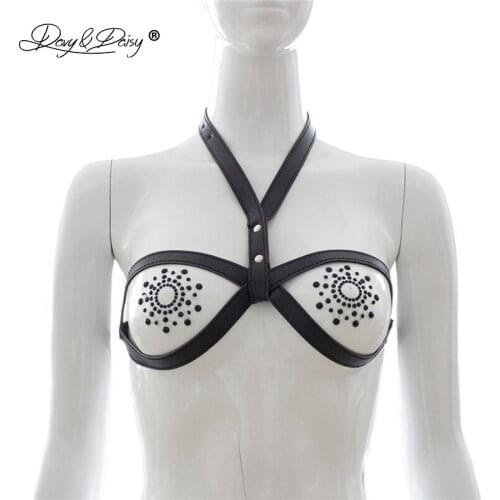 DAVYDAISY Women Sexy Bra PU Leather Open Bust Bralette Porn Intimates Sexy Lingerie Cropped Top Underwear Female Bras BR502