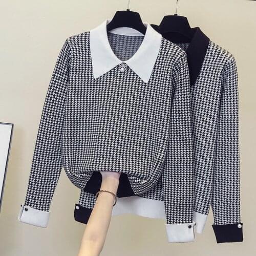 M-4XL elegant vintage plaid kintting winter thick sweater pullover 2021 long Sleeve Beading plus size autumn sweaters jumper