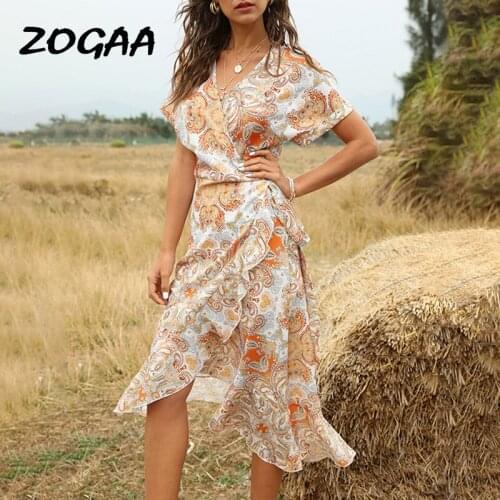 ZOGAA 2020 Summer New Bohemian Print Dress Regain Waist Mid-length V-neck Lace-up Irregular Dress