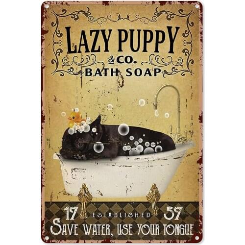 Bathroom Sign Funny Bath Soap French Bulldog Save Water Use Your Tongue Tin Sign Vintage Metal Poster Art Gift for Kids12x8 Inch