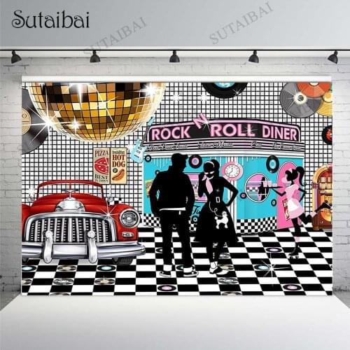 50s 60s Rock Roll Diner Backdrop Bar Disco Ball Vintage Car Stage Black White Checkered Record Background High Quality Computer