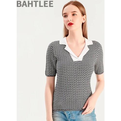 BAHTLEE Summer Women T-Shirt Notched Neck Tencel Short Sleeveles Pullovers Knitted Sweaters High Elastic Geometric Two Color