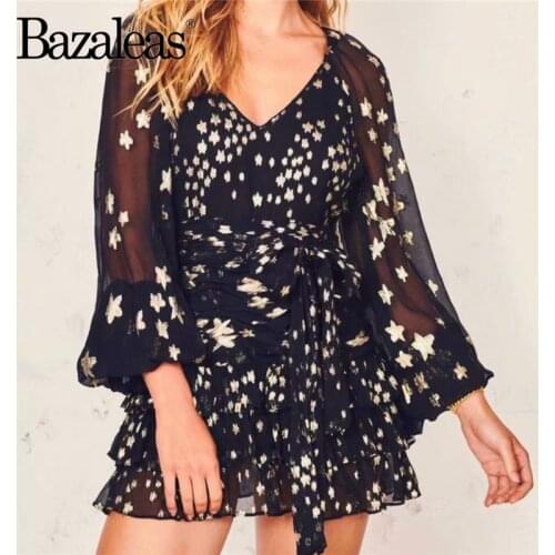 Bazaleas France Lantern Sleeve vestidos Holiday Sashes dress Vintage King Star Print V Neck Dress women