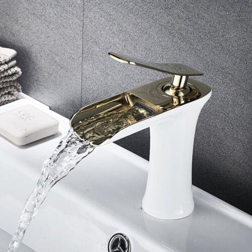 Free Shipping Basin Sink Faucet golden white chrome Single Handle Waterfall Bathroom Mixer Deck Mounted taps