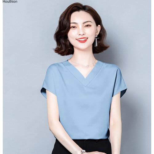Houthion Womens Blouse Solid Color Top V-neck Silk Summer Plus Size Dropshipping Casual Fashion Short Sleeve Shirt