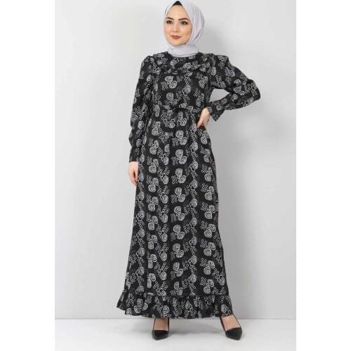 Desenli Fırfırlı Elbise TSD2817 Siyah