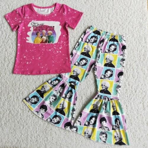 Red blue print tee shirt boutique bell-bottoms wholesale RTS NO MOQ high quality kids clothing baby girls clothing sets