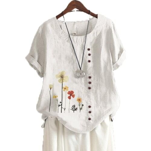 Women Fashion Summer Casual Print Loose T-shirt Vintage Round Neck Plus Size Cotton linen Short Sleeve Blouse Button Tops S-5XL
