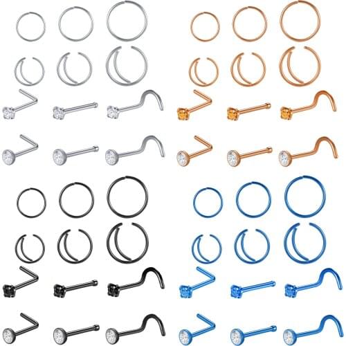 ZS 12pcs Stainless Steel Nose Piercing Rings and Studs Set 6pcs 8mm-10mm Nose Hoop Septum Rings 6pcs L/S/Straight 18G Nose Studs