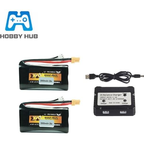 7.4V 2000mAh Li-ion Battery + 2 in 1 Charger Set For Huina 580550 583 582 RC Car Drone spare parts 18650 7.4v Battery XT30 Plug