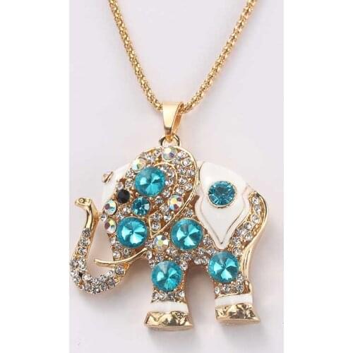 Cute Blue Elephant Large Crystal Rhinestone Necklace Pendant Long Chain Necklace for Womens Fine Jewelry Gift