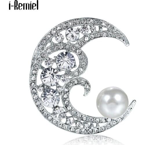 Fashion Moon Pearl Corsage Korean Style Brooch Female Coat Suit Pin Ornament Scarf Buckle Crystal Rhinestone Jewelry Accessories
