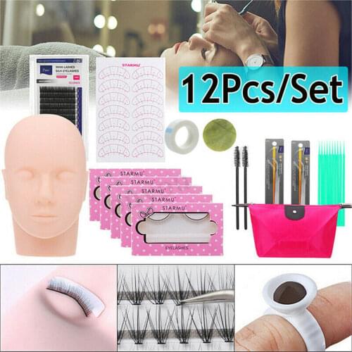 12Pcs/Set False Eyelash Extension Training Kit Practice Model Head Eye Pads Tweezers Glue Ring Brush Grafting Eyelash Tools Kit