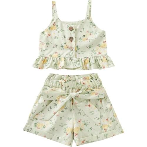 New Girls Floral Print Clothes Set, Sleeveless Ruffle Hem Cropped Tops + Short Skirt with Bow-knot