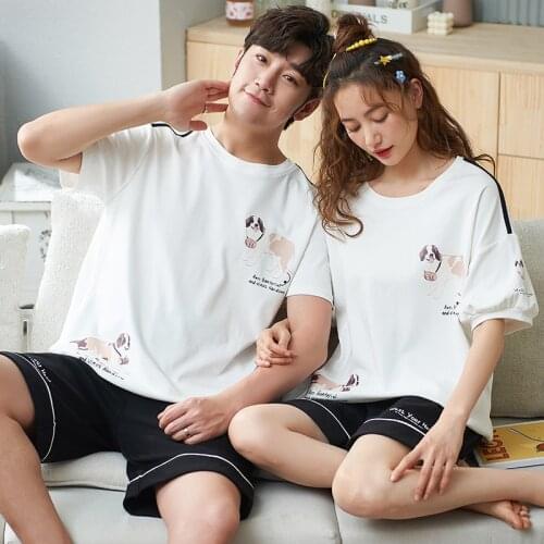 Cotton Pajamas Set Womens Summer Suit Plus Size 3XL Sleepwear Lovers Nightwear Set Female Sleeping Clothes Men Fashion Homewear