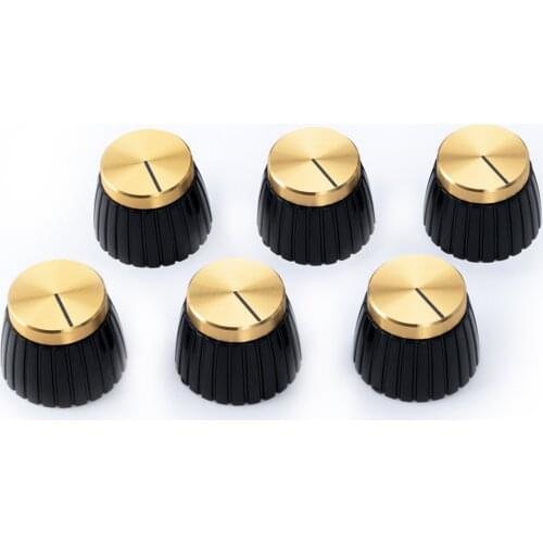 Musiclily Pro Plastic Amp Amplifier Push-on Knobs for 6mm Shaft Pots, Black With Gold Aluminum Top (Set of 6)