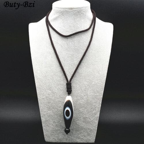 Tibetan Black DZI Long Tube Barrel Stone Pendant Chinese Knot Necklace Lucky Jewelry Protective Talisman Heavens Pearl