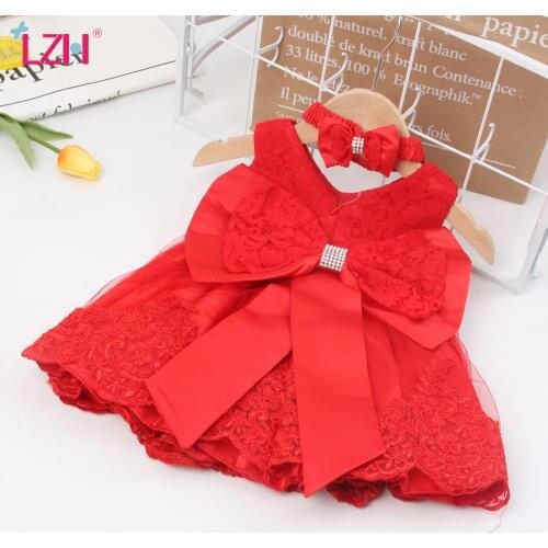 LZH Infant Party Dress Newborn Clothes 2021 New Kids Baby Girls Lace Bow Red Princess Dress For Baby 1st Birthday Party Dress