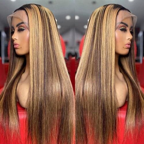 Straight Honey Blonde Ombre Highlight 13x4 Lace Front Human Hair Wigs Remy Brazilian PrePlucked 4x4 Lace Closure Wigs
