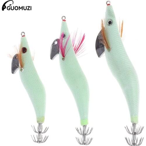 1pc Fishing Lure Luminous Squid Jigs White Glow Wood Shrimp with Octopus Squid Jig Hooks Cuttlefish