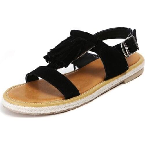 Big Size 11 12 13 14 15 16 summer flat sandals ladies women shoes woman T-type buckle fringed suede flat-soled retro sandals