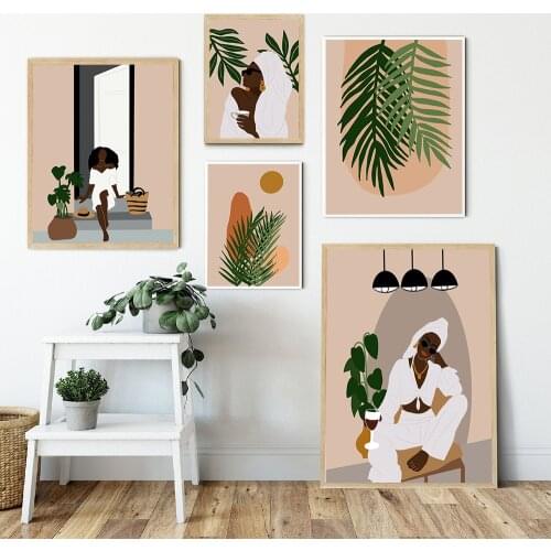 Modern Fashion Canvas Painting Girl Palm Poster and Print Wall Art Pictures For Living Room Home Decor Black Skin Woman No Frame