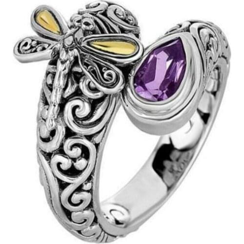Vintage Purple Crystal Dragonfly Silver Color Ring Simplicity Lady Index Finger Ring Accessories Insect Jewelry Womens Gifts