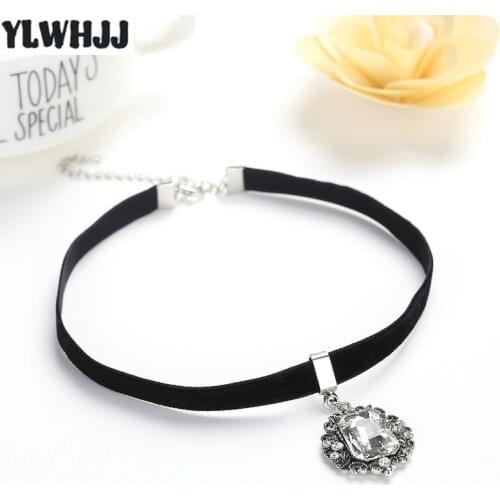 YLWHJJ new women black crystal choker necklace girl brand rhinestone velvet pendant short hot fashion statement gem jewelry