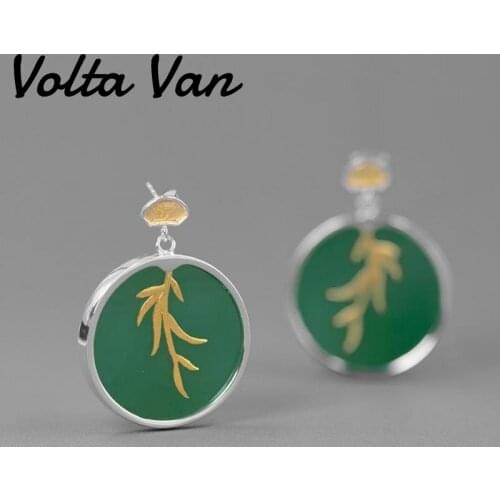 Volta Van Green Agate Drop Earrings 925 Sterling Silver 2021 New Pendientes Plata Vintage Willow Leaves Elegant Round Earrings