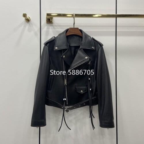 Designer turn down collar short sheepskin real leather jackets 2021 women moto biker genuine leather coat black S426