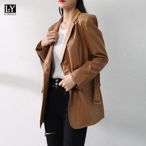 LY VAREY LIN Spring Autumn Women Motorcycle Jackets Solid Soft Pu Leather Jacket Double-breasted Faux Leather Coat with Belt