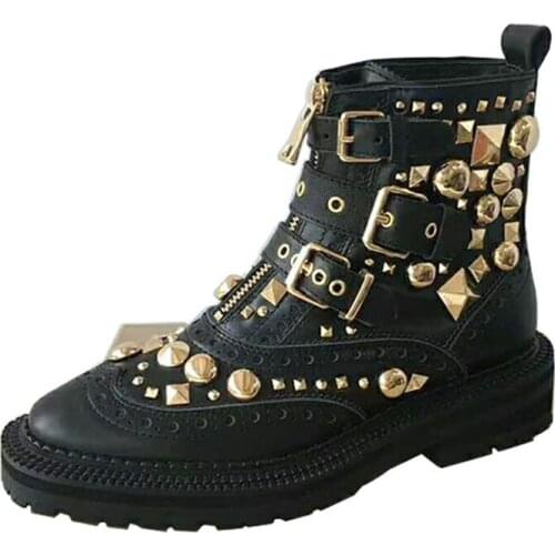 Gothic Women Rivet Ankle Boots Motorcycle Biker Buckle Genuine Leather Shoes Runway Zipper Studded Boots Female Footwear