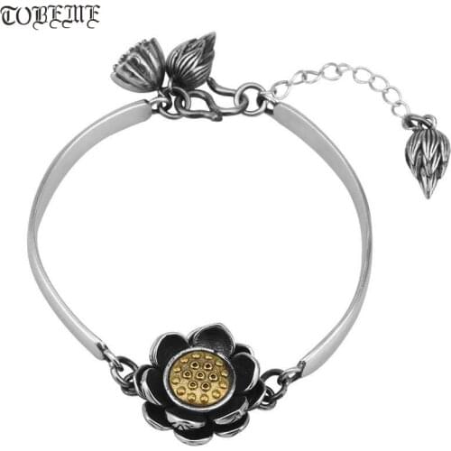 Handmade 100% 925 Silver Lotus Bracelet Thai Silver Lady Chain Bracelet Vintage Sterling Buddhist Lotus Bracelet Jewelry Gift