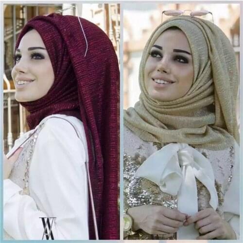 1PCS fashion solid polyester transparency crinkled metallic thread hijabs women scarf shawl muslim head wraps elegant