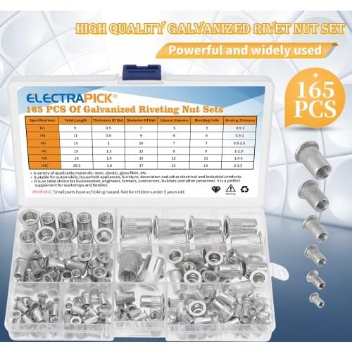 165pcs M3 M4 M5 M6 M8 M10 Mix Size Rivet Nuts Set Aluminum Flat Head Rivet Nuts Insert Rivets with Plastic Box