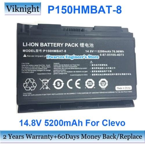 8 Cells 6-87-X510S-4D72 Battery For Clevo P150HMBAT-8 P150EM P150HM P150HMX P150SM P151 P151EM Laptop Battery 14.8V 5200mAh