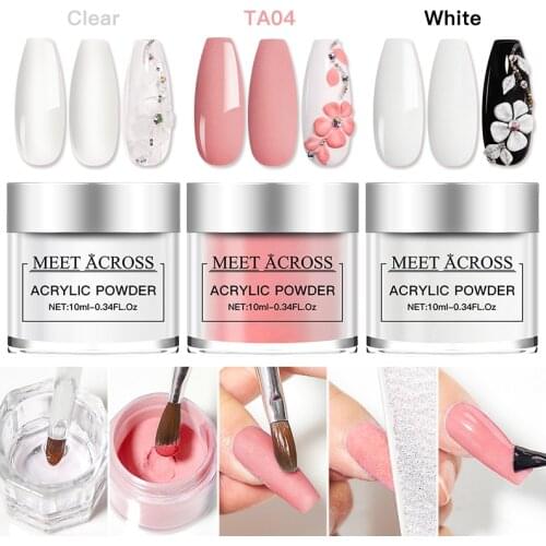 MEET ACROSS 10ml Acrylic Powder Carving Nail Polymer Tip Extension French Pink White Clear Adhesive Rhinestone Nail Art Powder