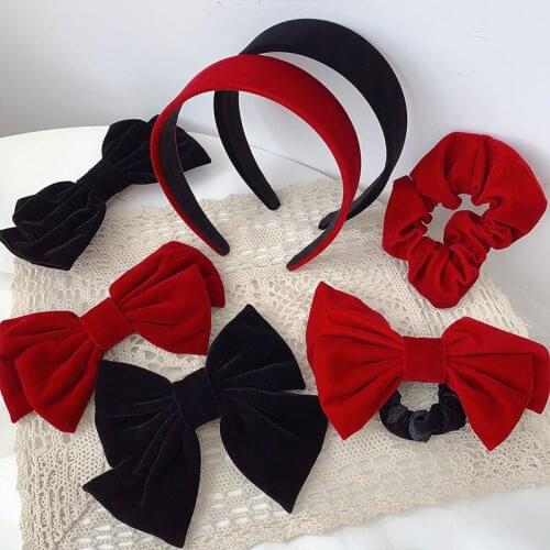 Velvet Cloth Alloy Black Red Bowknot Elastic Hair Bands Ponytail Holders Hairband Barrettes Hair Clips & Pins Headwear for Women