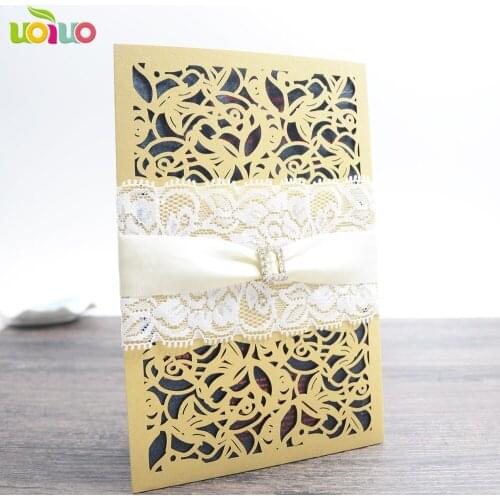 Free shipping 50set inc143 Gold Red White Laser Cut Luxury Flora Wedding Invitations Card Elegant Lace Baby Shower Event & Party