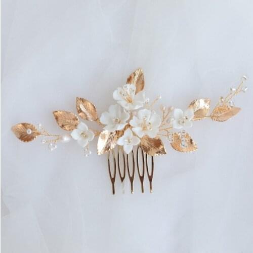 Floralbride Alloy Leaf Crystal Rhinestone Ceram Flower Bridal Hair Comb Hair PIn Stickers Wedding Hair Accessories Women Jewelry