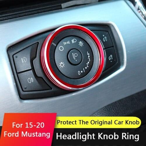 QHCP Headlight Knob Button Decor Ring Sticker Aluminum Alloy Headlamp Circle Trim Stickers Interior For Ford Mustang 2015-2020