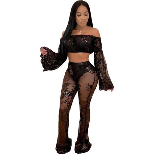 Elegant Sequin Embroidery Mesh Two Piece Bandage Pants Set Flare Sleeve Off The Shoulder Crop Top Flare Leg Bodycon Pants