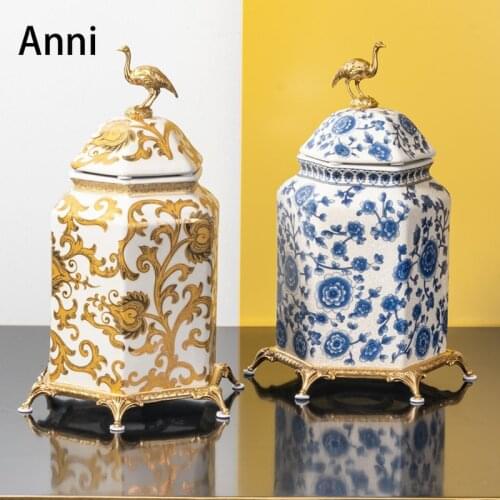 European Ceramic Vase Blue and White Porcelain Crafts Desk Countertop Plant Pots Pure Copper Animal Decorative Home Ornaments